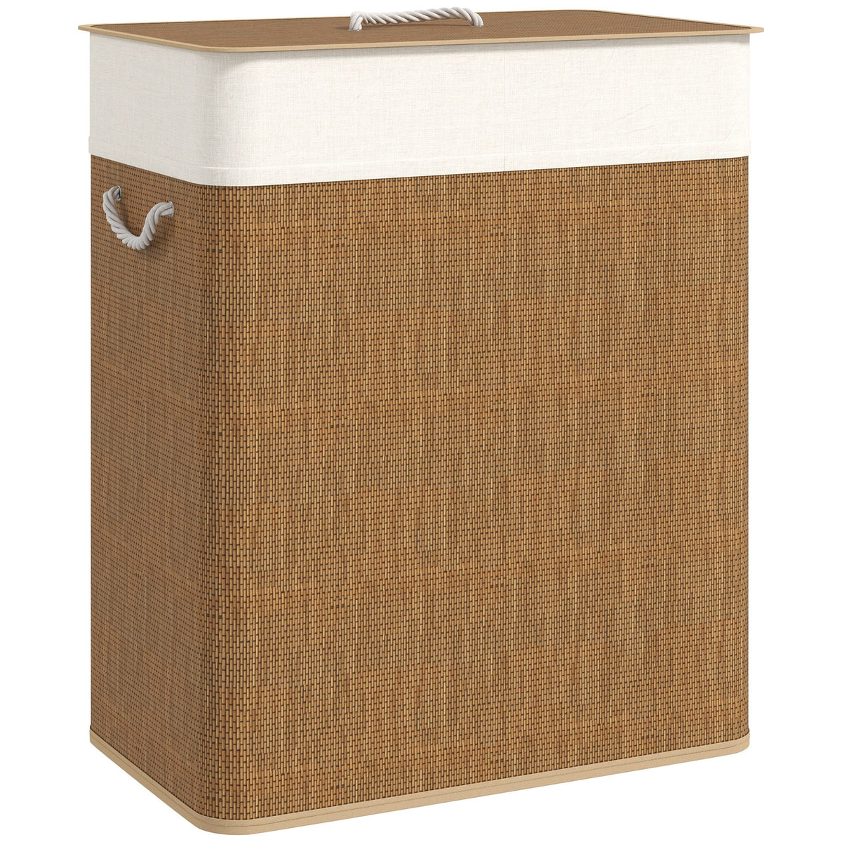 double laundry basket with lid, 26.4 gallon bamboo laundry hamper with rope handles and removable liner, brown