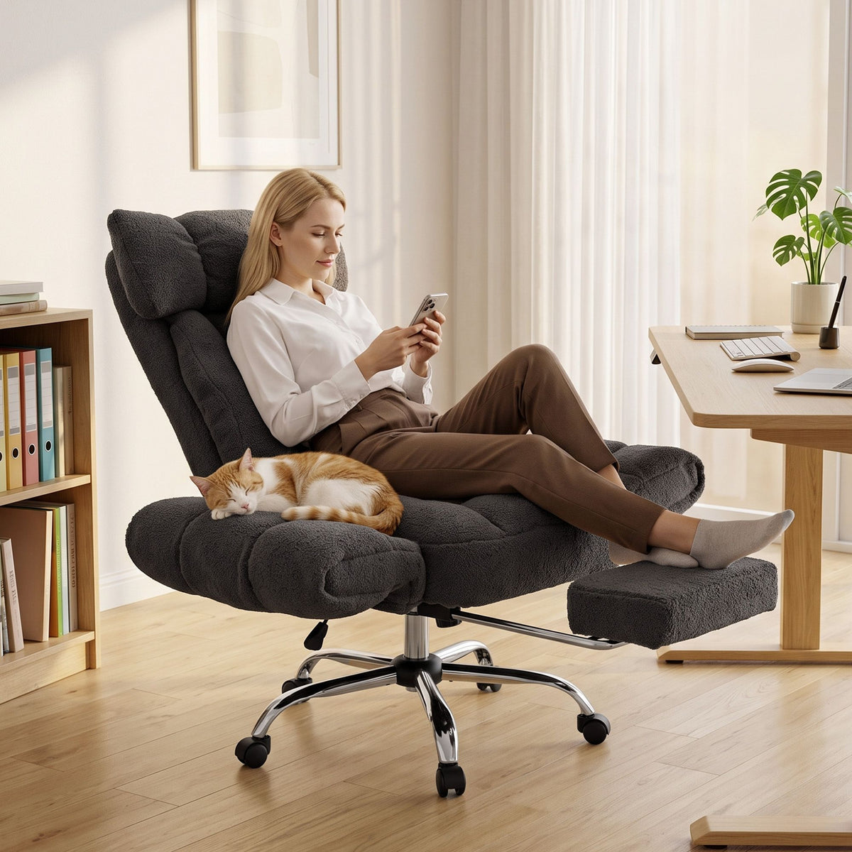 criss cross office chair with flip-up armrests, reclining desk chair with wide seat, footrest, wheels, dark gray