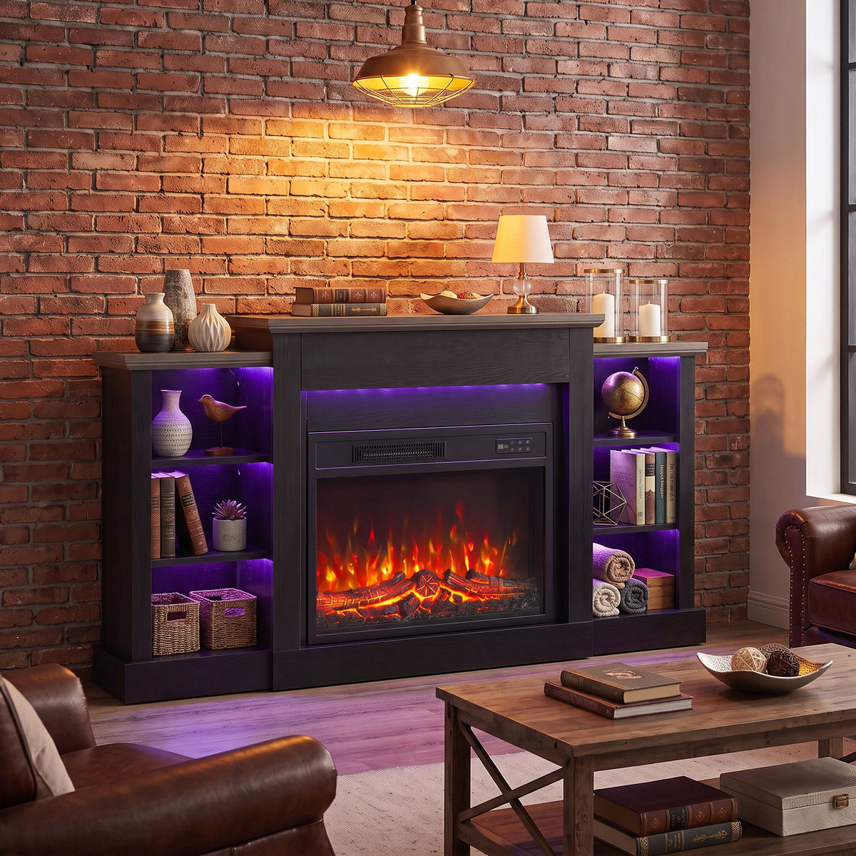 55" fireplace tv stand for tvs up to 65", entertainment center tv console, rgb led strips, 6 shelves, black wood grain