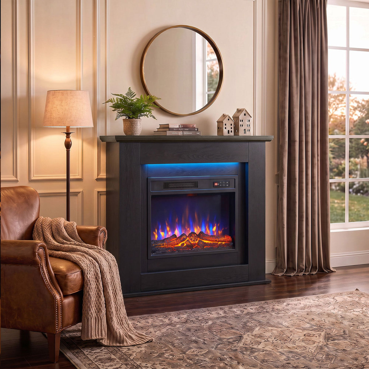 40" electric fireplace with mantel, led strip, fireplace tv stand for 55" tvs, adjustable flame, black