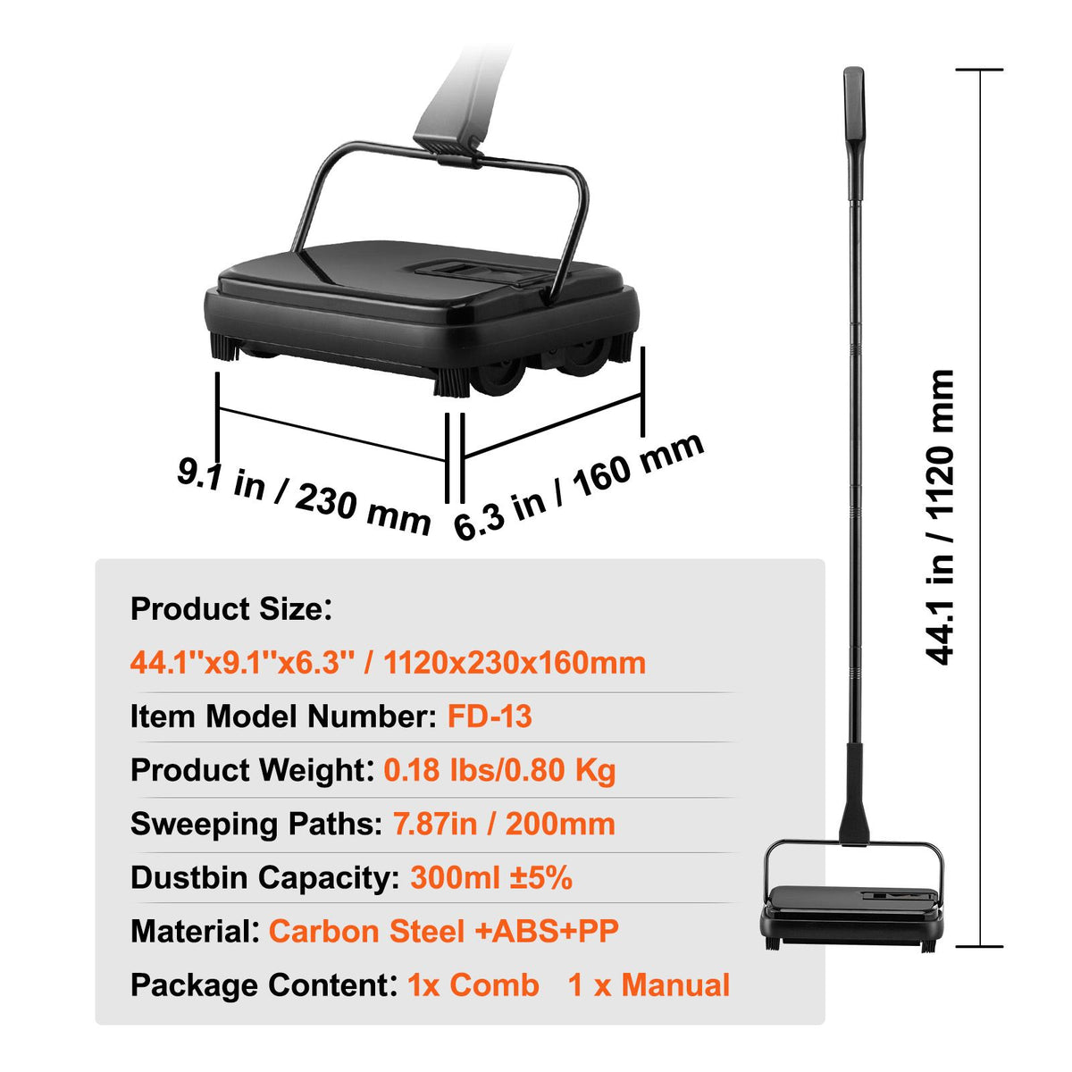 carpet sweeper, 7.87 in sweeping paths, floor sweeper manual non electric, 300 ml dustbin capacity with comb for home office rugs hardwood surfaces wood floors laminate, cleans dust pet hair