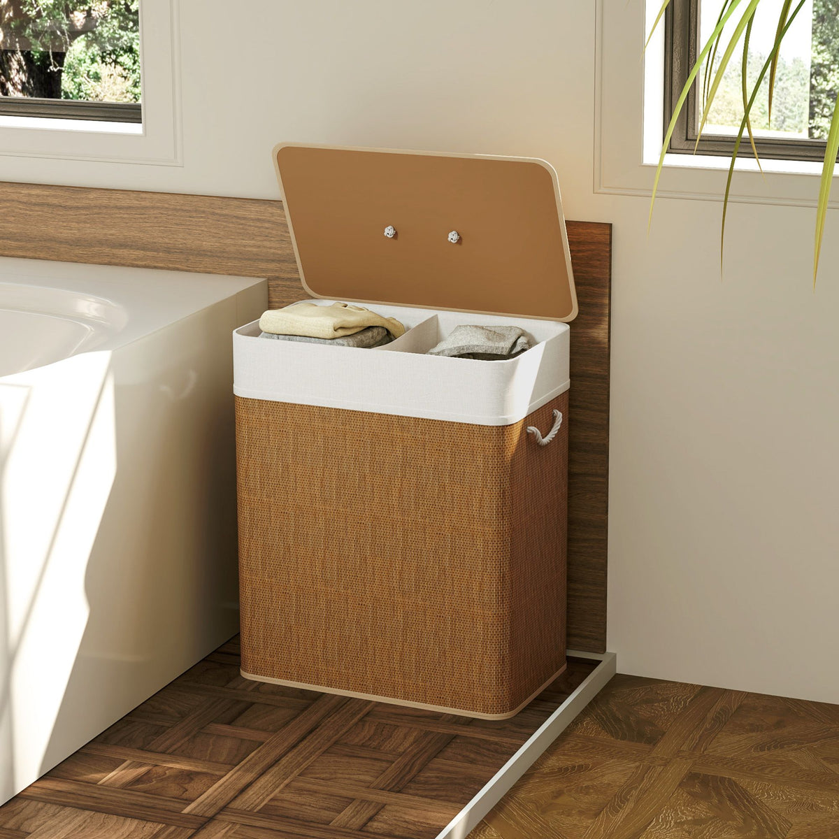 Double Laundry Basket with Lid, 26.4 Gallon Bamboo Laundry Hamper with Rope Handles and Removable Liner, Brown