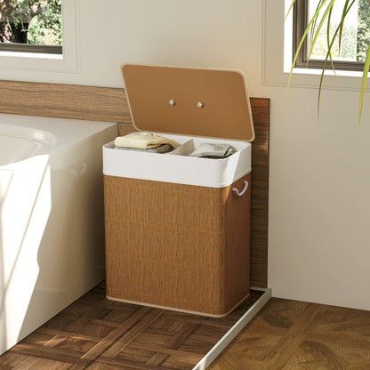 Double Laundry Basket with Lid, 26.4 Gallon Bamboo Laundry Hamper with Rope Handles and Removable Liner, Brown