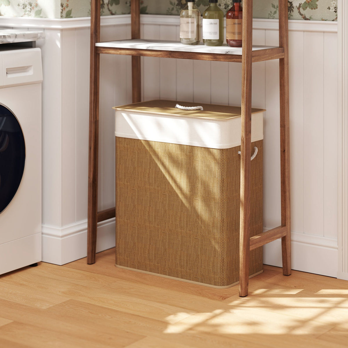 double laundry basket with lid, 26.4 gallon bamboo laundry hamper with rope handles and removable liner, brown