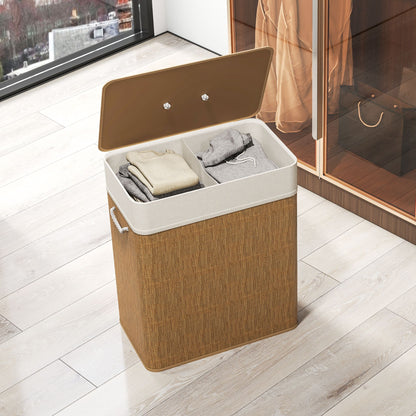 Double Laundry Basket with Lid, 26.4 Gallon Bamboo Laundry Hamper with Rope Handles and Removable Liner, Brown