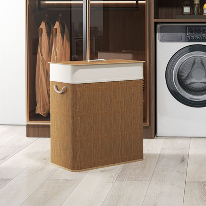 Double Laundry Basket with Lid, 26.4 Gallon Bamboo Laundry Hamper with Rope Handles and Removable Liner, Brown