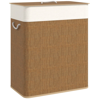 Double Laundry Basket with Lid, 26.4 Gallon Bamboo Laundry Hamper with Rope Handles and Removable Liner, Brown