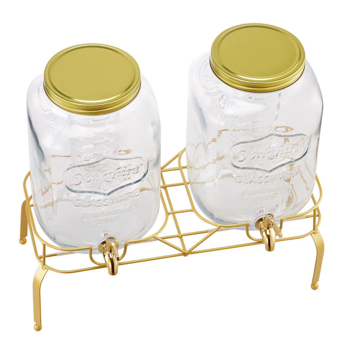 beverage dispenser, 2 pack 2 gallon drink dispensers for parties, glass juice dispenser with metal stand, stainless steel spigot, infuser, iced tea lemonade juice water dispensers for parties