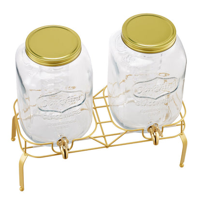 Beverage Dispenser, 2 Pack 2 Gallon Drink Dispensers for Parties, Glass Juice Dispenser with Metal Stand, Stainless Steel Spigot, Infuser, Iced Tea Lemonade Juice Water Dispensers for Parties