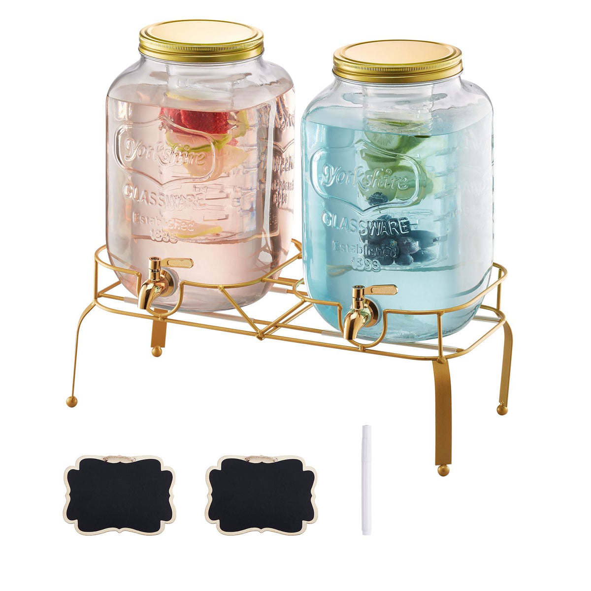 beverage dispenser, 2 pack 2 gallon drink dispensers for parties, glass juice dispenser with metal stand, stainless steel spigot, infuser, iced tea lemonade juice water dispensers for parties