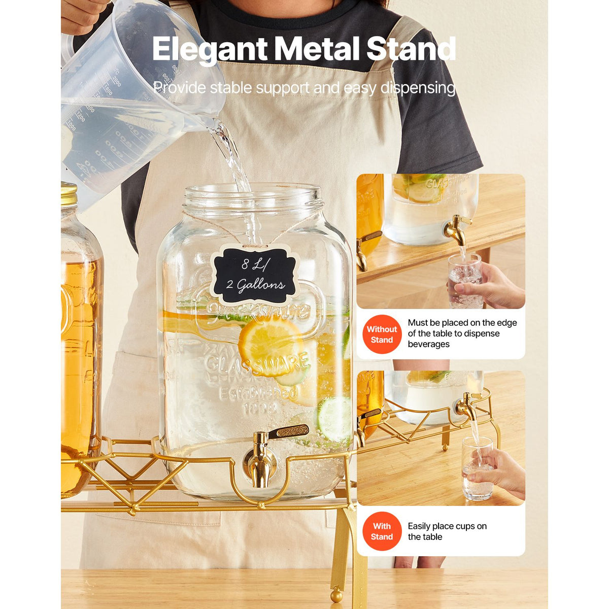 Beverage Dispenser, 2 Pack 2 Gallon Drink Dispensers for Parties, Glass Juice Dispenser with Metal Stand, Stainless Steel Spigot, Infuser, Iced Tea Lemonade Juice Water Dispensers for Parties