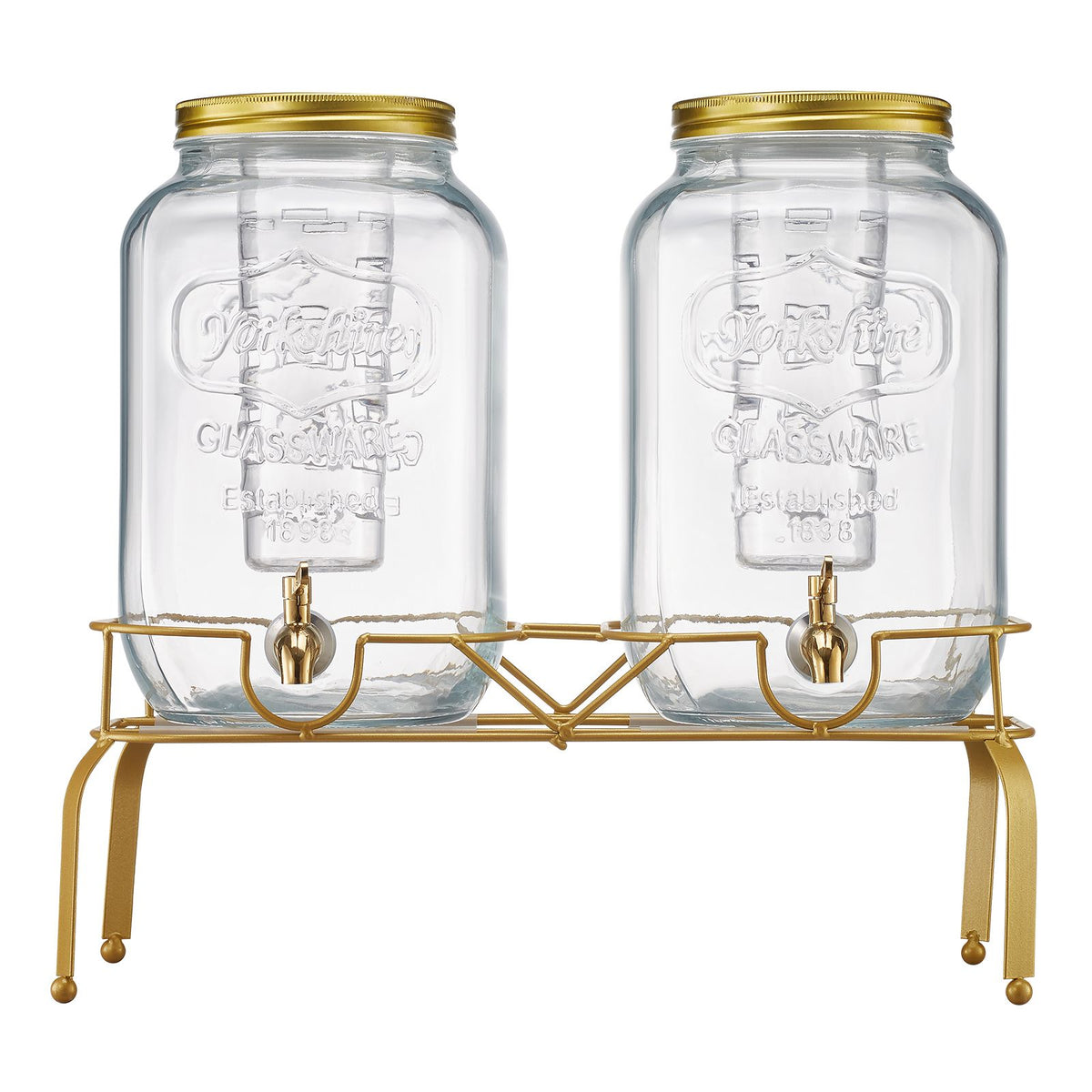 beverage dispenser, 2 pack 2 gallon drink dispensers for parties, glass juice dispenser with metal stand, stainless steel spigot, infuser, iced tea lemonade juice water dispensers for parties