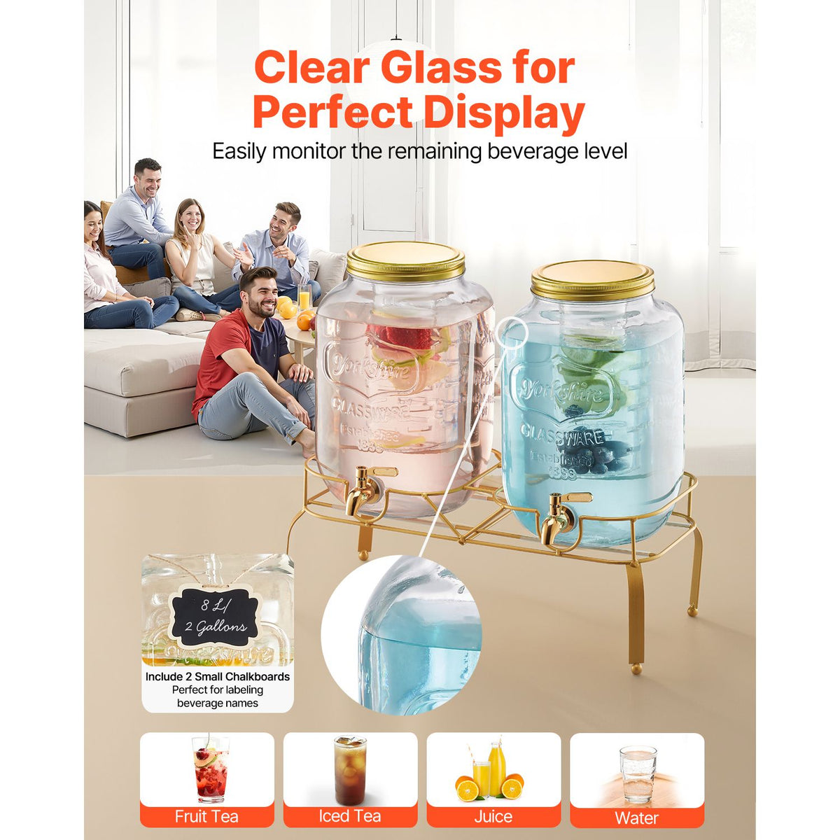 Beverage Dispenser, 2 Pack 2 Gallon Drink Dispensers for Parties, Glass Juice Dispenser with Metal Stand, Stainless Steel Spigot, Infuser, Iced Tea Lemonade Juice Water Dispensers for Parties