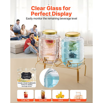 Beverage Dispenser, 2 Pack 2 Gallon Drink Dispensers for Parties, Glass Juice Dispenser with Metal Stand, Stainless Steel Spigot, Infuser, Iced Tea Lemonade Juice Water Dispensers for Parties