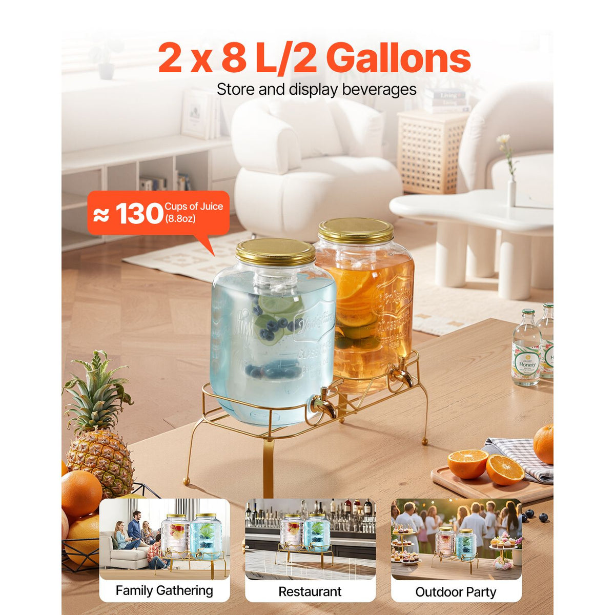Beverage Dispenser, 2 Pack 2 Gallon Drink Dispensers for Parties, Glass Juice Dispenser with Metal Stand, Stainless Steel Spigot, Infuser, Iced Tea Lemonade Juice Water Dispensers for Parties