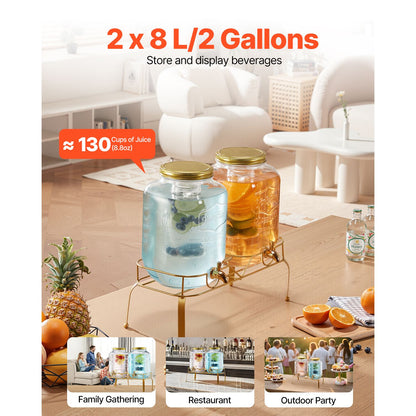 Beverage Dispenser, 2 Pack 2 Gallon Drink Dispensers for Parties, Glass Juice Dispenser with Metal Stand, Stainless Steel Spigot, Infuser, Iced Tea Lemonade Juice Water Dispensers for Parties