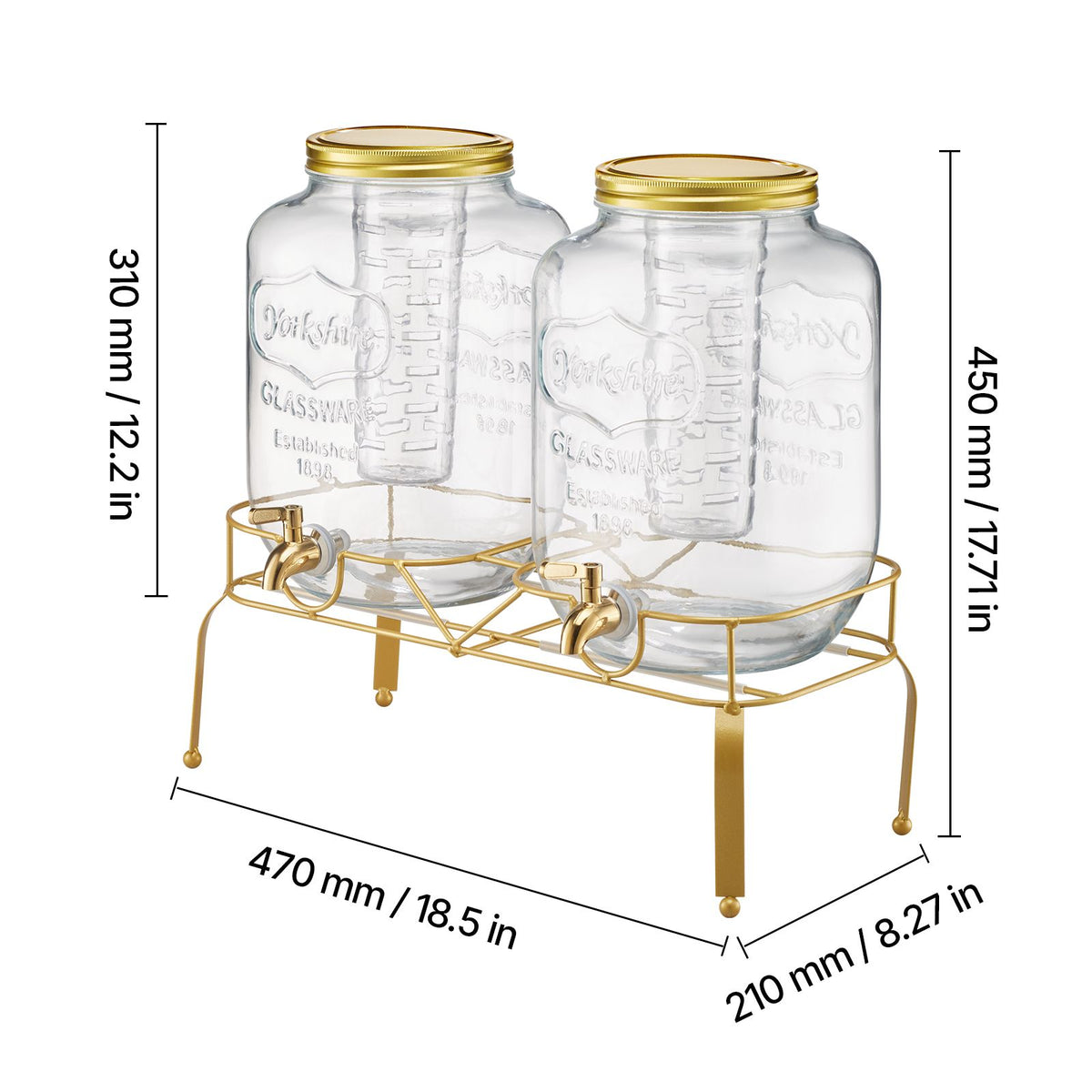 beverage dispenser, 2 pack 2 gallon drink dispensers for parties, glass juice dispenser with metal stand, stainless steel spigot, infuser, iced tea lemonade juice water dispensers for parties