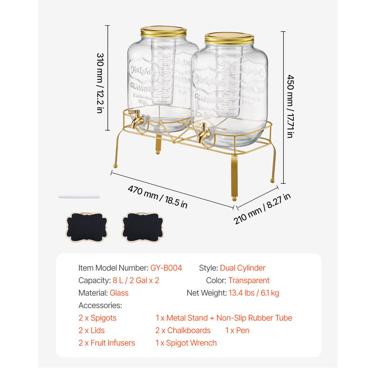 Beverage Dispenser, 2 Pack 2 Gallon Drink Dispensers for Parties, Glass Juice Dispenser with Metal Stand, Stainless Steel Spigot, Infuser, Iced Tea Lemonade Juice Water Dispensers for Parties