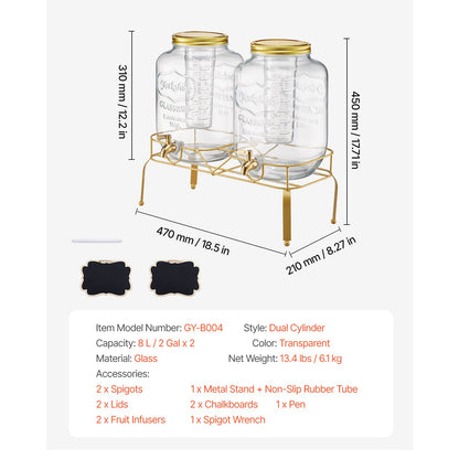 Beverage Dispenser, 2 Pack 2 Gallon Drink Dispensers for Parties, Glass Juice Dispenser with Metal Stand, Stainless Steel Spigot, Infuser, Iced Tea Lemonade Juice Water Dispensers for Parties