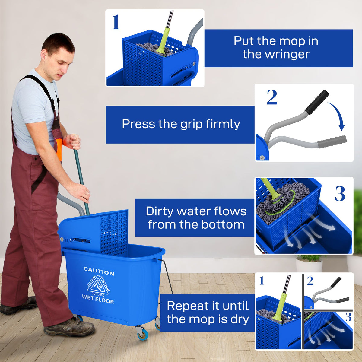mop bucket with wringer, mop bucket on wheels for floor cleaning, 21 quart, separate dirty and clean water, blue
