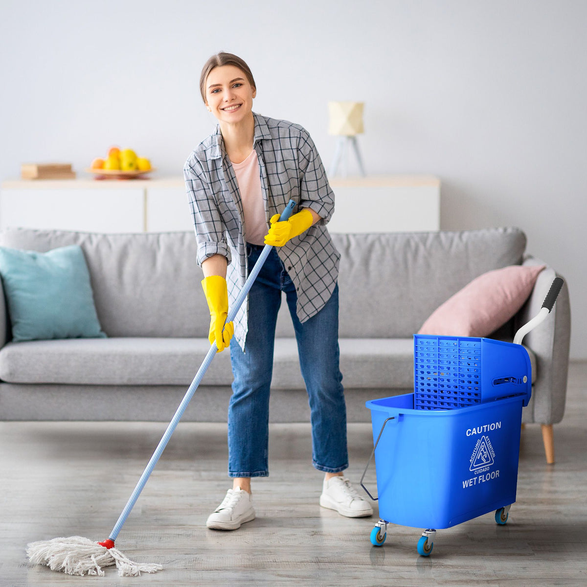 mop bucket with wringer, mop bucket on wheels for floor cleaning, 21 quart, separate dirty and clean water, blue