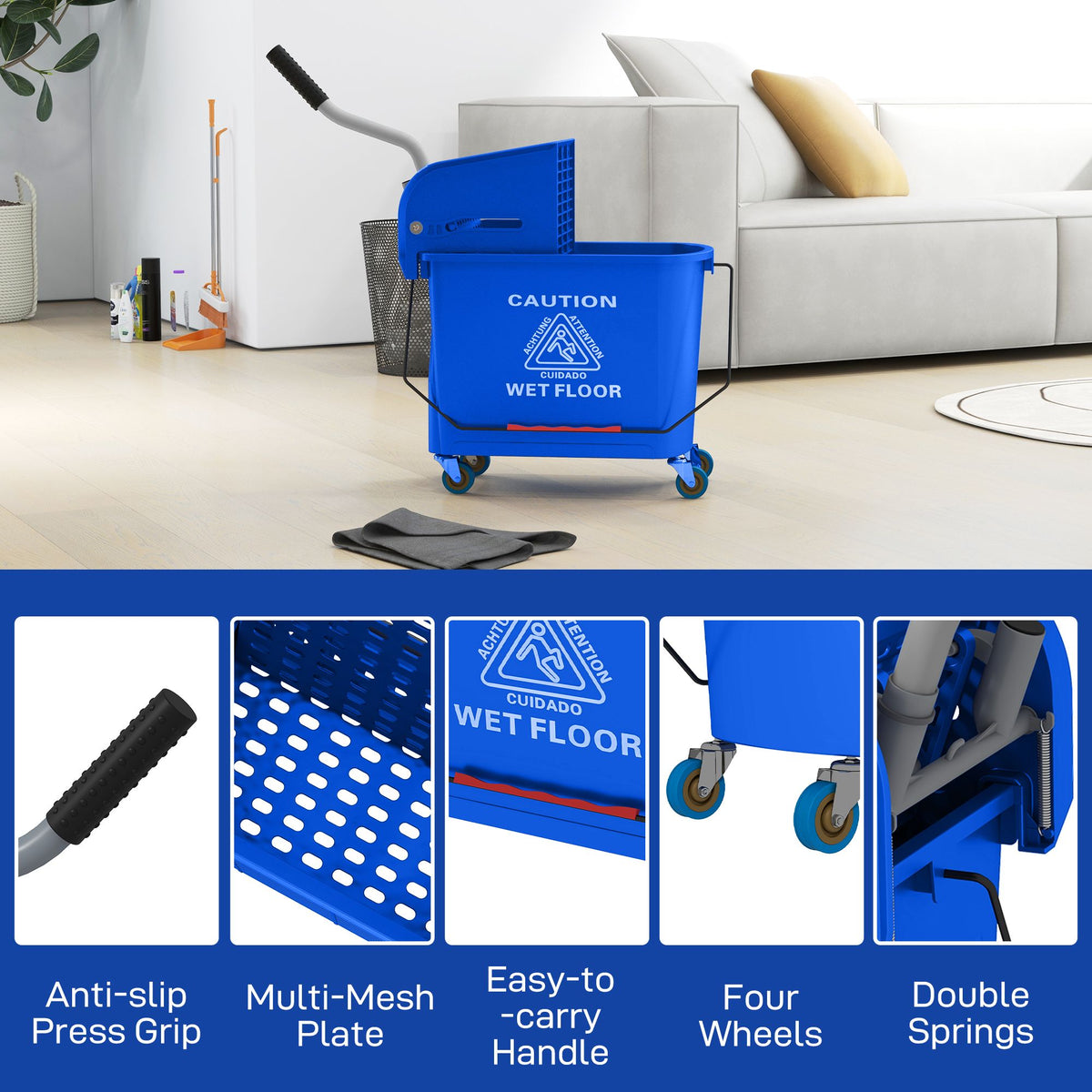 mop bucket with wringer, mop bucket on wheels for floor cleaning, 21 quart, separate dirty and clean water, blue