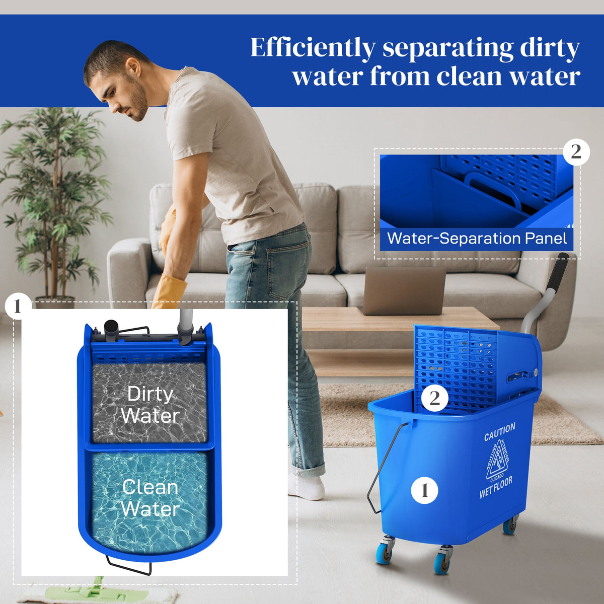 Mop Bucket with Wringer, Mop Bucket on Wheels for Floor Cleaning, 21 Quart, Separate Dirty and Clean Water, Blue