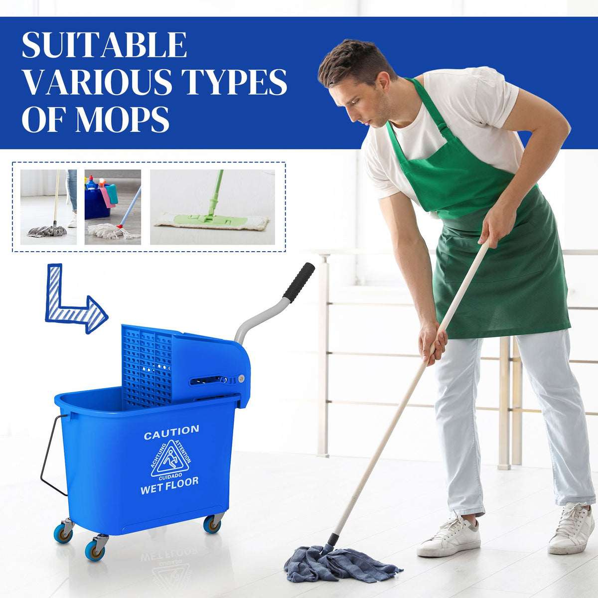 mop bucket with wringer, mop bucket on wheels for floor cleaning, 21 quart, separate dirty and clean water, blue