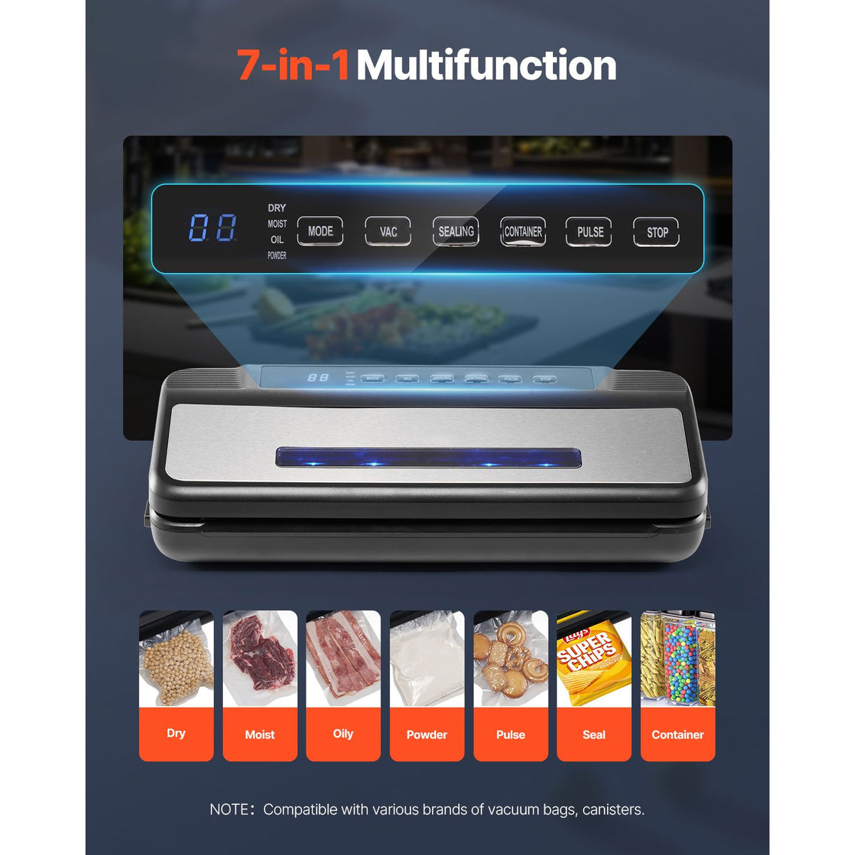 vacuum sealer machine, 80kpa 120w powerful compact food sealer, 7-in-1 multi-functional food vacuum sealer, automatic air sealing system with built-in cutter with 10 vacuum bags & 1 bag roll