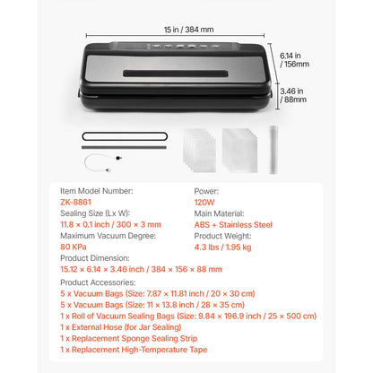 Vacuum Sealer Machine, 80Kpa 120W Powerful Compact Food Sealer, 7-in-1 Multi-Functional Food Vacuum Sealer, Automatic Air Sealing System with Built-in Cutter with 10 Vacuum Bags & 1 Bag Roll