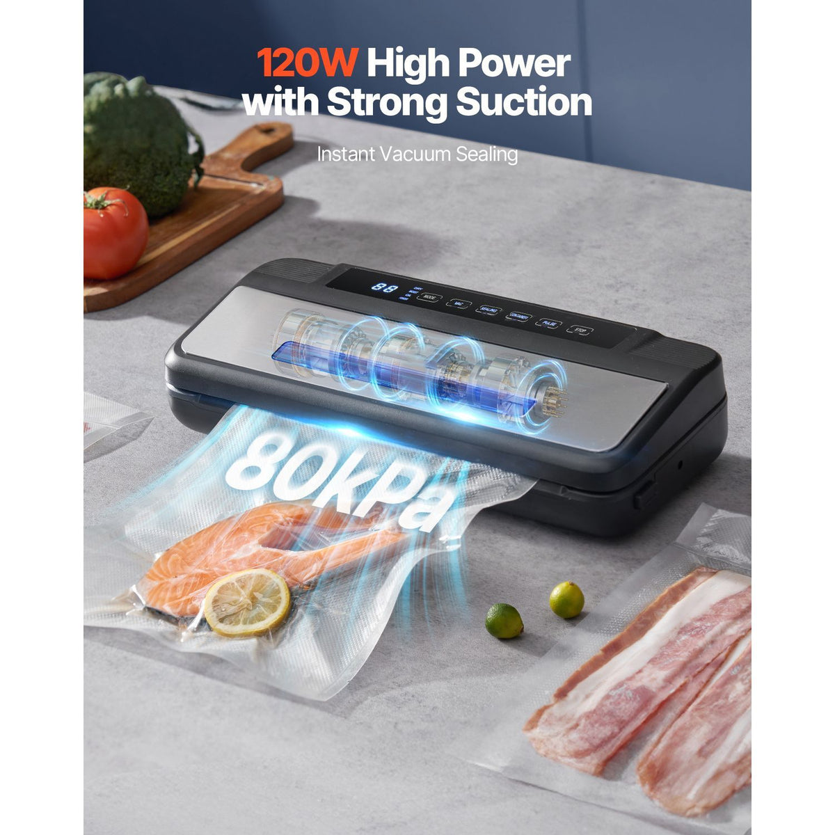 Vacuum Sealer Machine, 80Kpa 120W Powerful Compact Food Sealer, 7-in-1 Multi-Functional Food Vacuum Sealer, Automatic Air Sealing System with Built-in Cutter with 10 Vacuum Bags & 1 Bag Roll