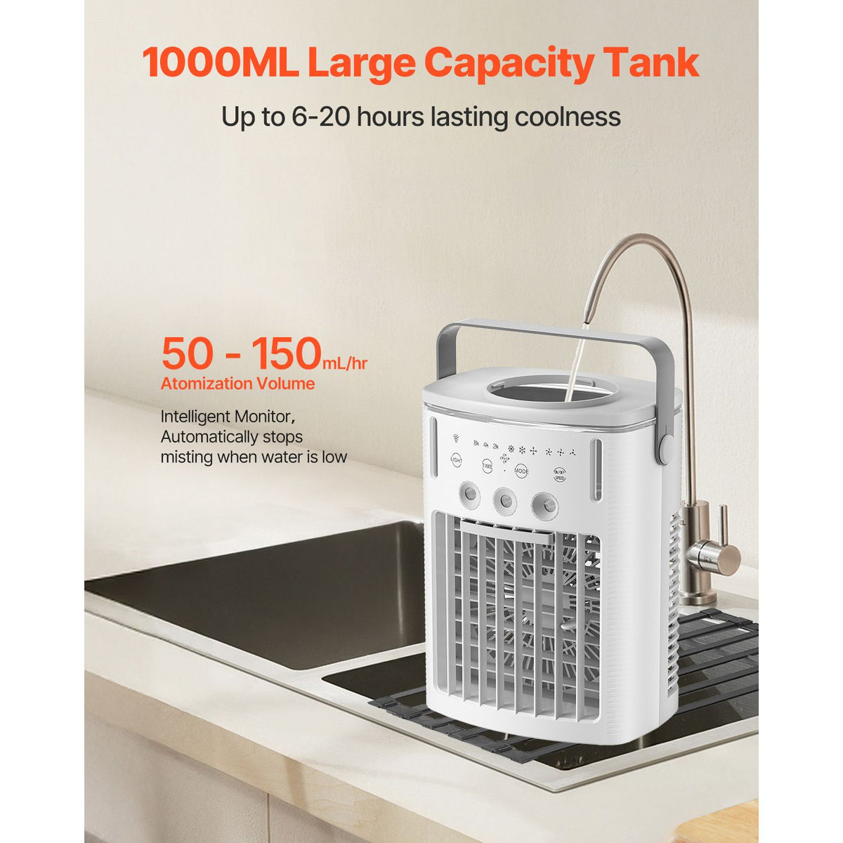 Portable Air Conditioner, 4-in-1 Evaporative Air Cooler with Remote Control, 3-Speed Mini Air Conditioner with Timer, 3 Mist Levels, 1L Water Tank, 120° Oscillating Mini AC Fan for