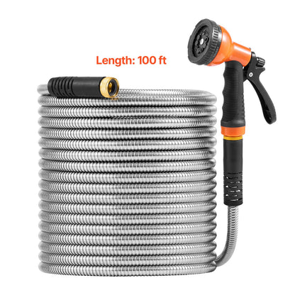 Metal Garden Hose 100 ft, Rust Proof Stainless Steel Water Hose, Heavy Duty Backyard Hose with 10 Function Nozzle, No-Kink & Flexible Water Pipe, Lightweight Metal Hose for Yard, O