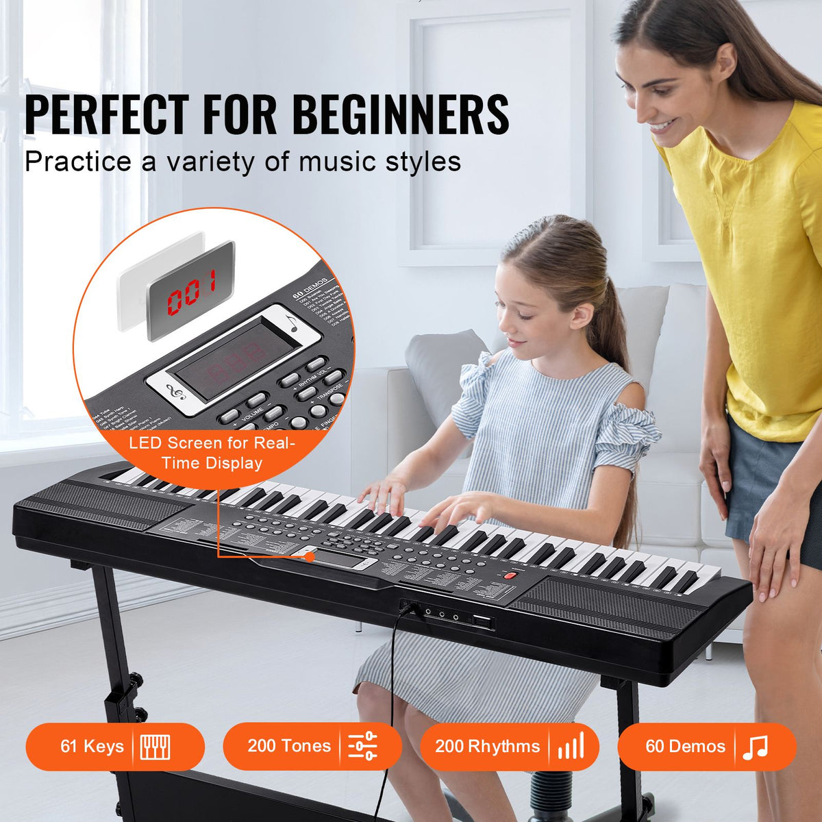 61 key digital keyboard piano, 200 tones 200 rhythms, electric portable piano keyboard kit with 60 demo songs built-in dual speakers headphones, piano stickers for beginners learni