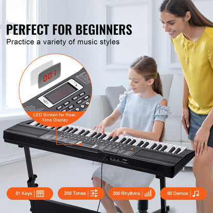 61 Key Digital Keyboard Piano, 200 Tones 200 Rhythms, Electric Portable Piano Keyboard Kit with 60 Demo Songs Built-In Dual Speakers Headphones, Piano Stickers for Beginners Learni