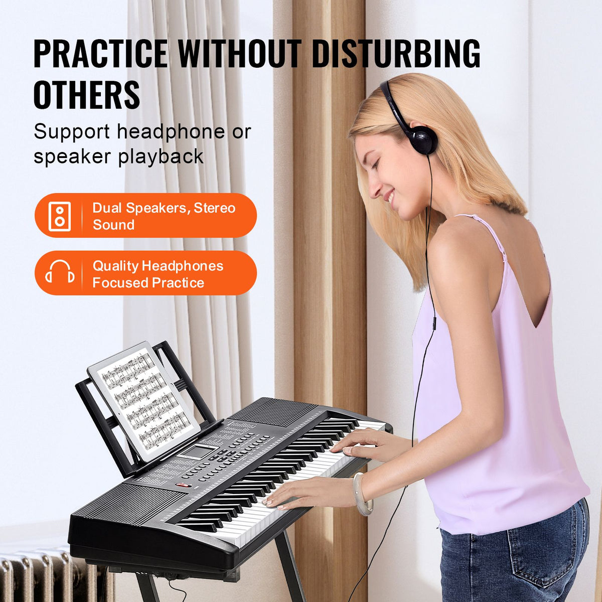 61 key digital keyboard piano, 200 tones 200 rhythms, electric portable piano keyboard kit with 60 demo songs built-in dual speakers headphones, piano stickers for beginners learni