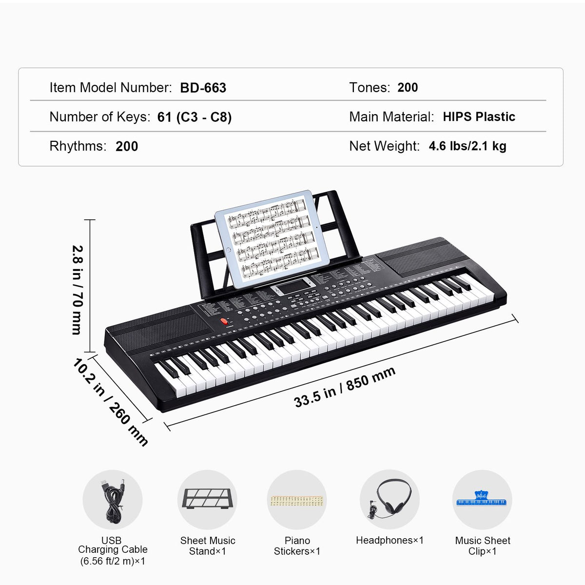 61 key digital keyboard piano, 200 tones 200 rhythms, electric portable piano keyboard kit with 60 demo songs built-in dual speakers headphones, piano stickers for beginners learni