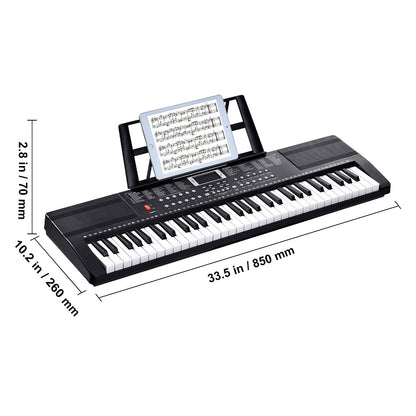 61 Key Digital Keyboard Piano, 200 Tones 200 Rhythms, Electric Portable Piano Keyboard Kit with 60 Demo Songs Built-In Dual Speakers Headphones, Piano Stickers for Beginners Learni