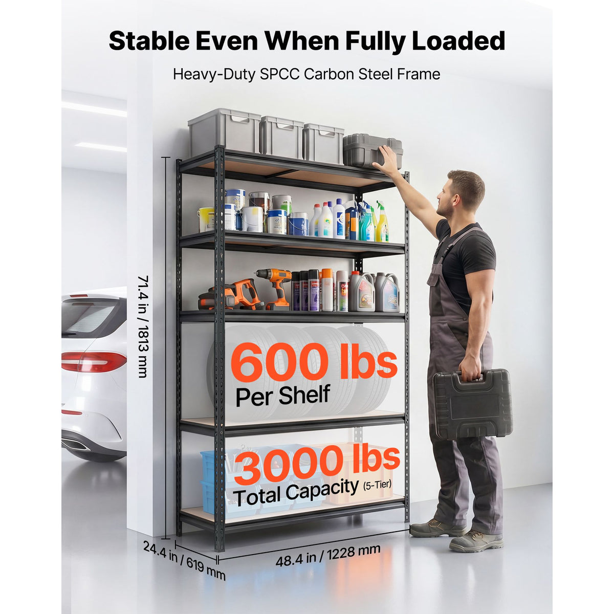 storage shelves, 5-tier adjustable, 3000 lbs capacity, heavy duty garage storage shelving unit, metal utility rack shelf, for garage workshop warehouse basement, 48.35" w x 24.37" d x 71.38" h