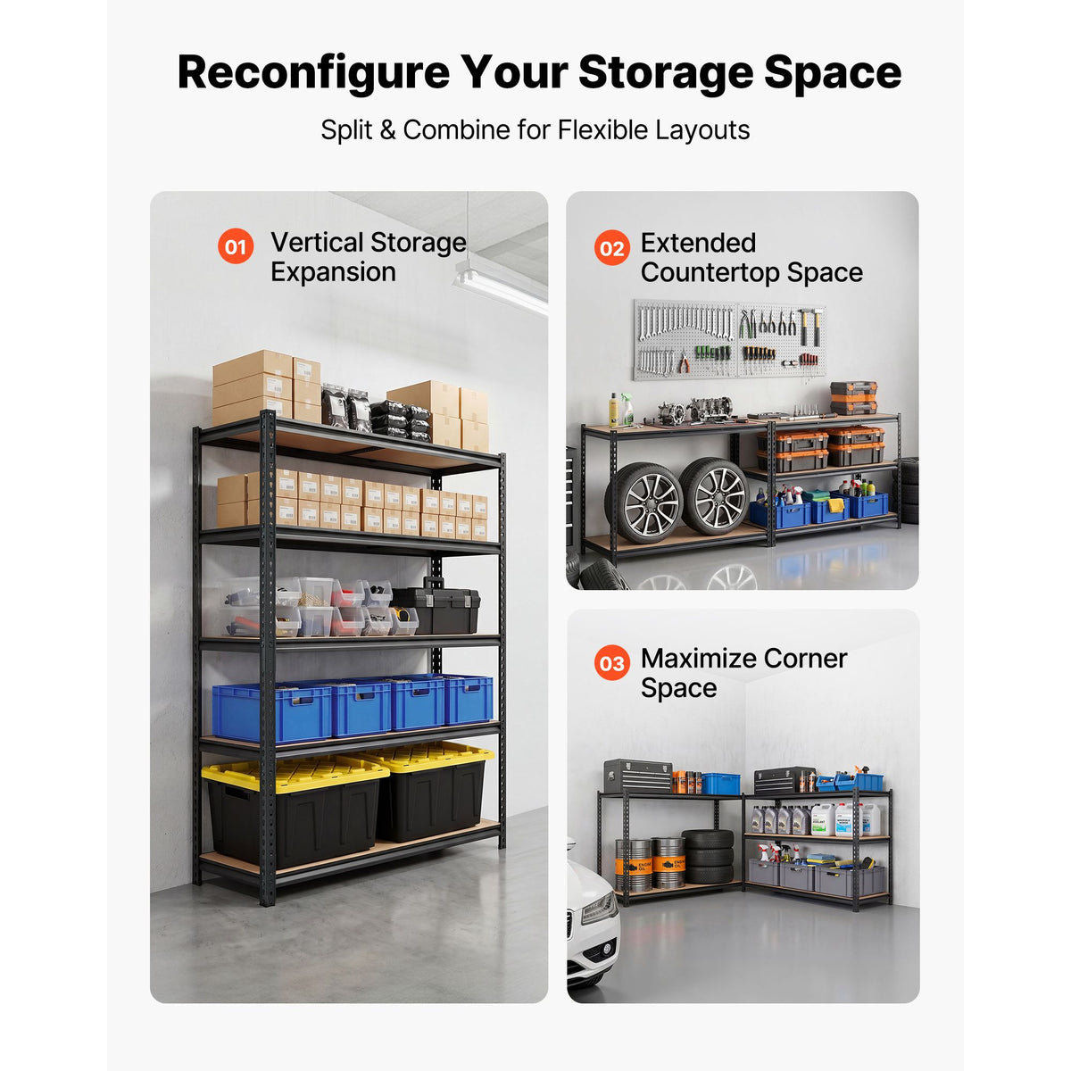 Storage Shelves, 5-Tier Adjustable, 3000 lbs Capacity, Heavy Duty Garage Storage Shelving Unit, Metal Utility Rack Shelf, for Garage Workshop Warehouse Basement, 48.35" W x 24.37" D x 71.38" H