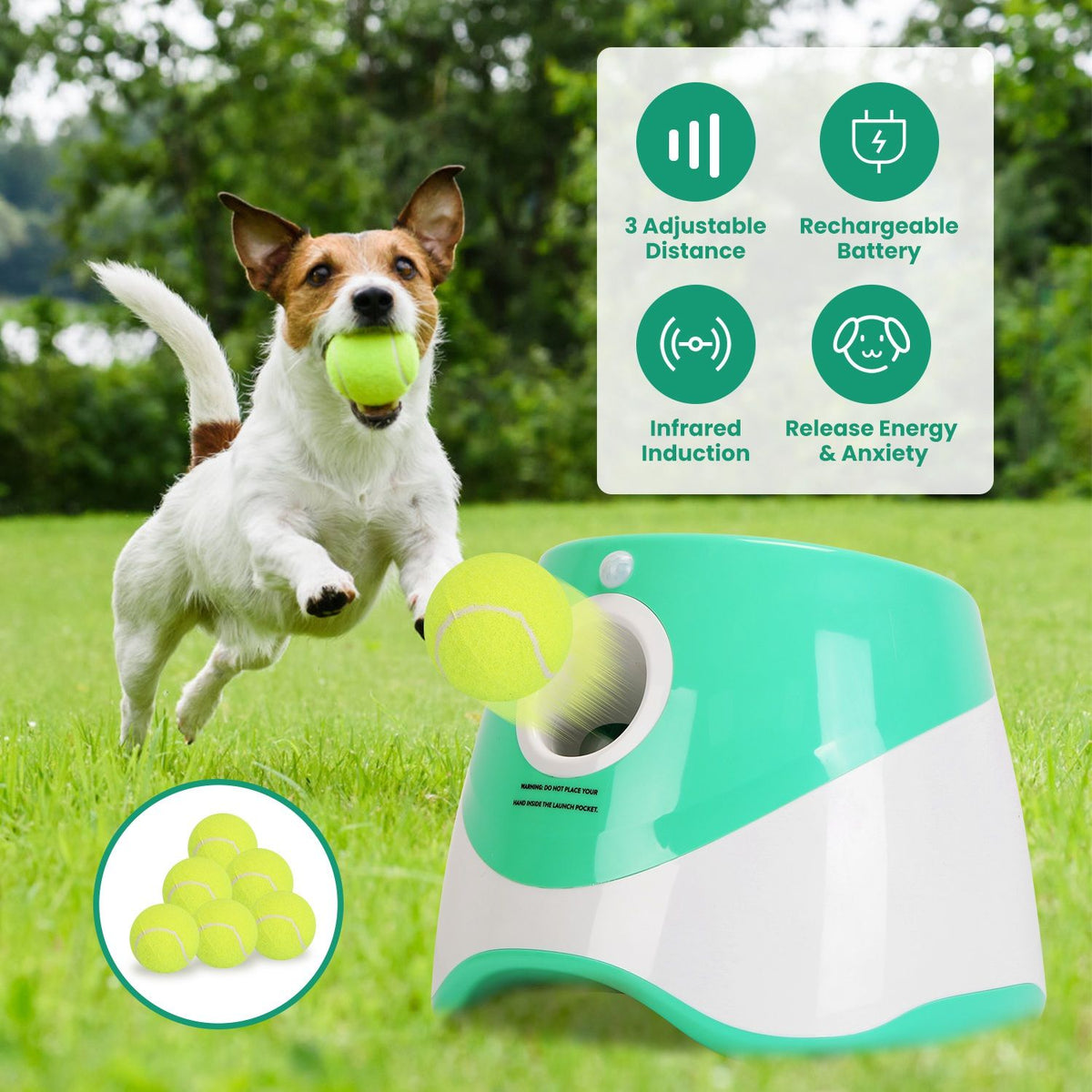 automatic dog ball launcher included 6 tennis balls dog with 3 adjustable launch distance interactive ball thrower fetch machine for small medium dogs