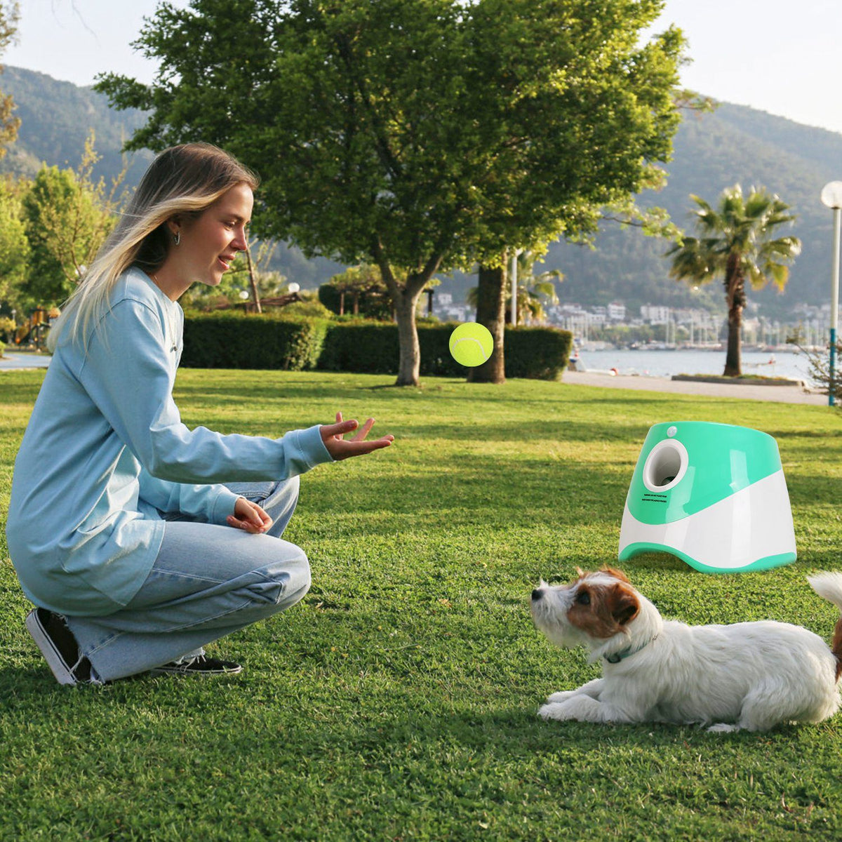 automatic dog ball launcher included 6 tennis balls dog with 3 adjustable launch distance interactive ball thrower fetch machine for small medium dogs