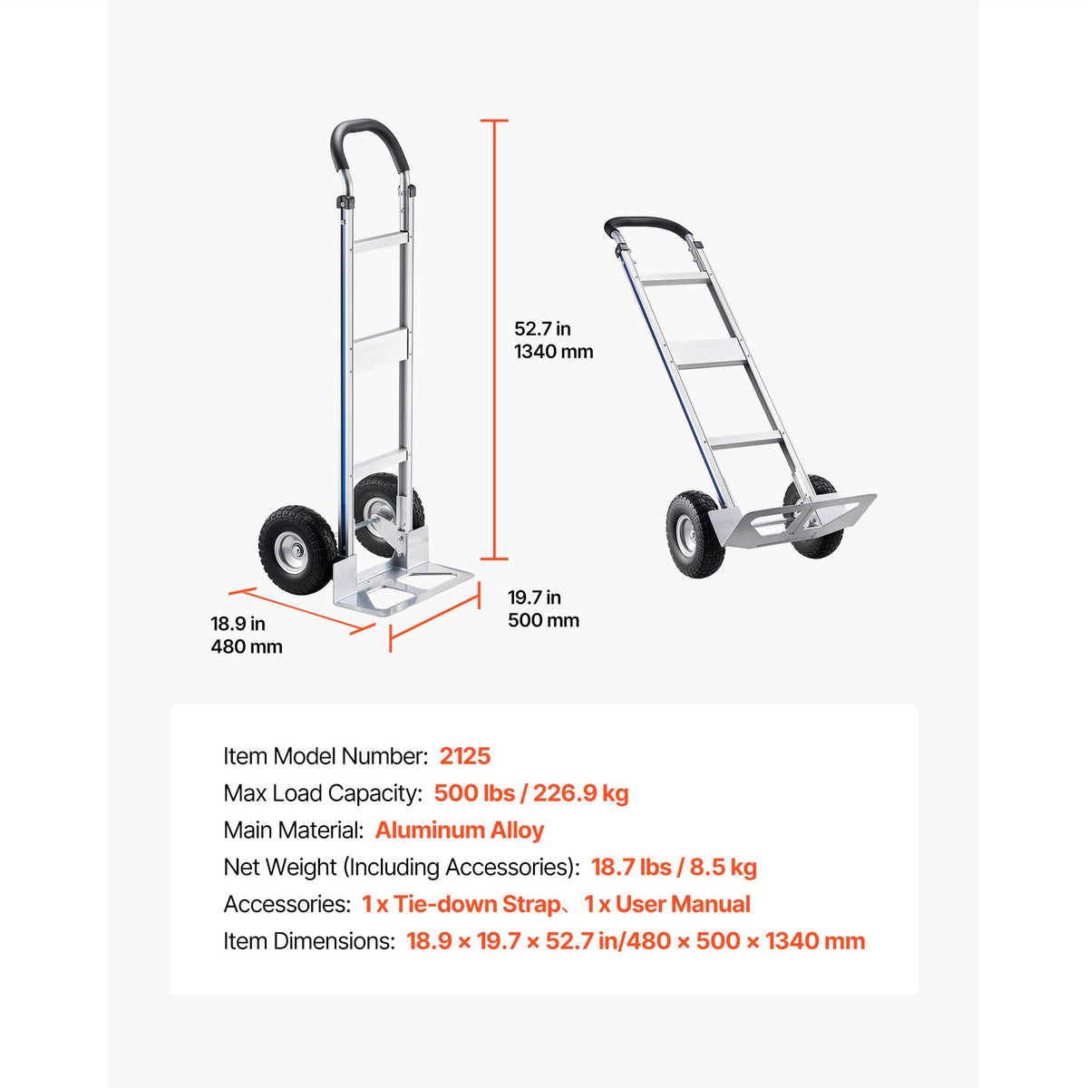 hand truck, 500 lbs load capacity, heavy-duty hand truck dolly with non-slip wheels & handle, aluminum alloy portable trolley dolly with tie-down strap for moving home, office, warehouse