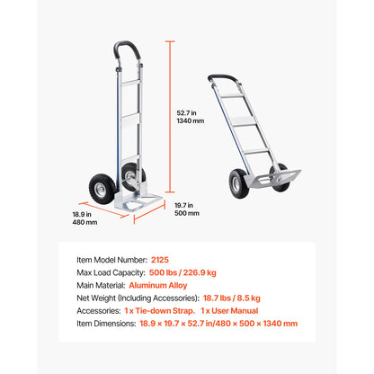Hand Truck, 500 lbs Load Capacity, Heavy-Duty Hand Truck Dolly with Non-Slip Wheels & Handle, Aluminum Alloy Portable Trolley Dolly with Tie-down Strap for Moving Home, Office, Warehouse