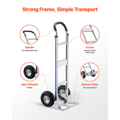 Hand Truck, 500 lbs Load Capacity, Heavy-Duty Hand Truck Dolly with Non-Slip Wheels & Handle, Aluminum Alloy Portable Trolley Dolly with Tie-down Strap for Moving Home, Office, Warehouse