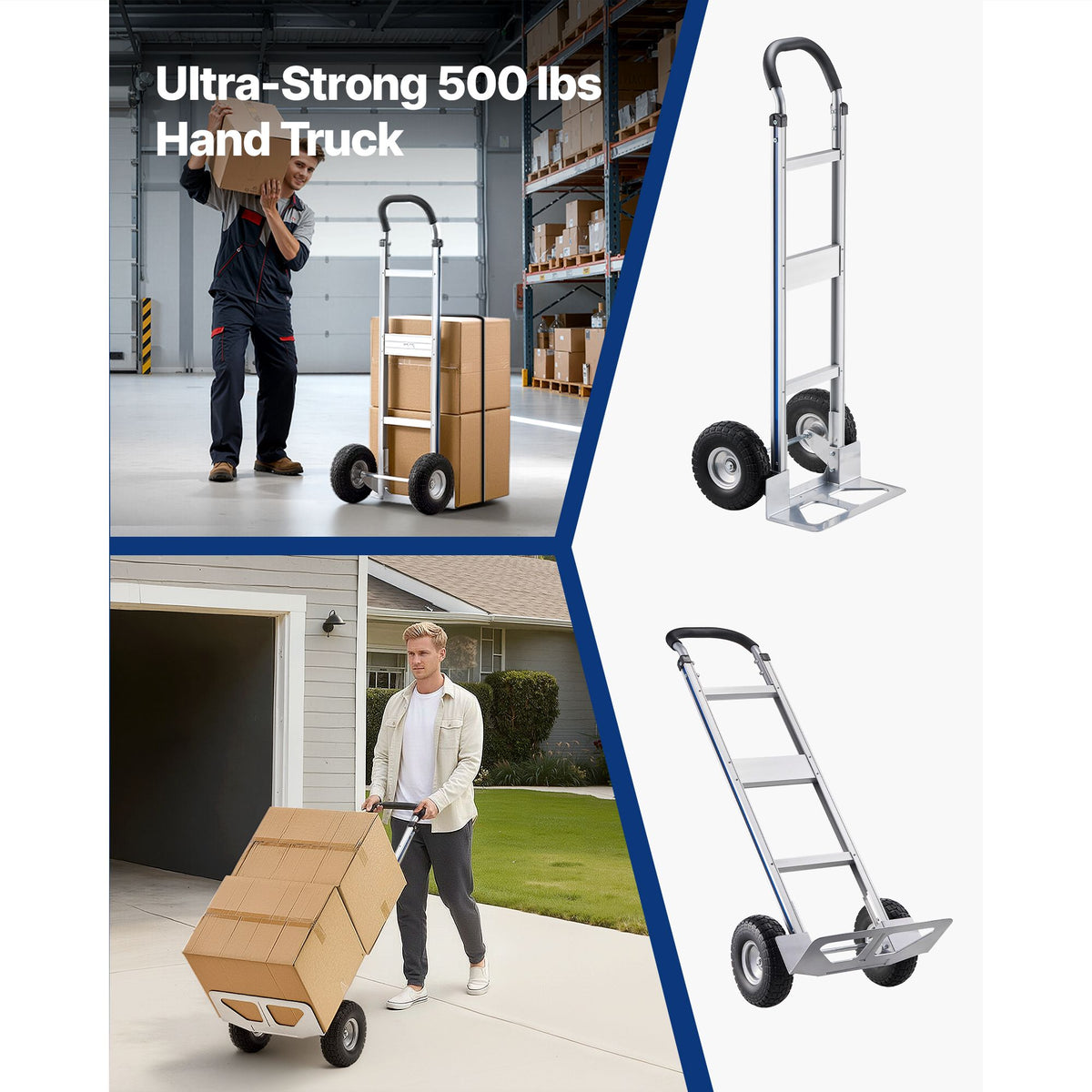 hand truck, 500 lbs load capacity, heavy-duty hand truck dolly with non-slip wheels & handle, aluminum alloy portable trolley dolly with tie-down strap for moving home, office, warehouse