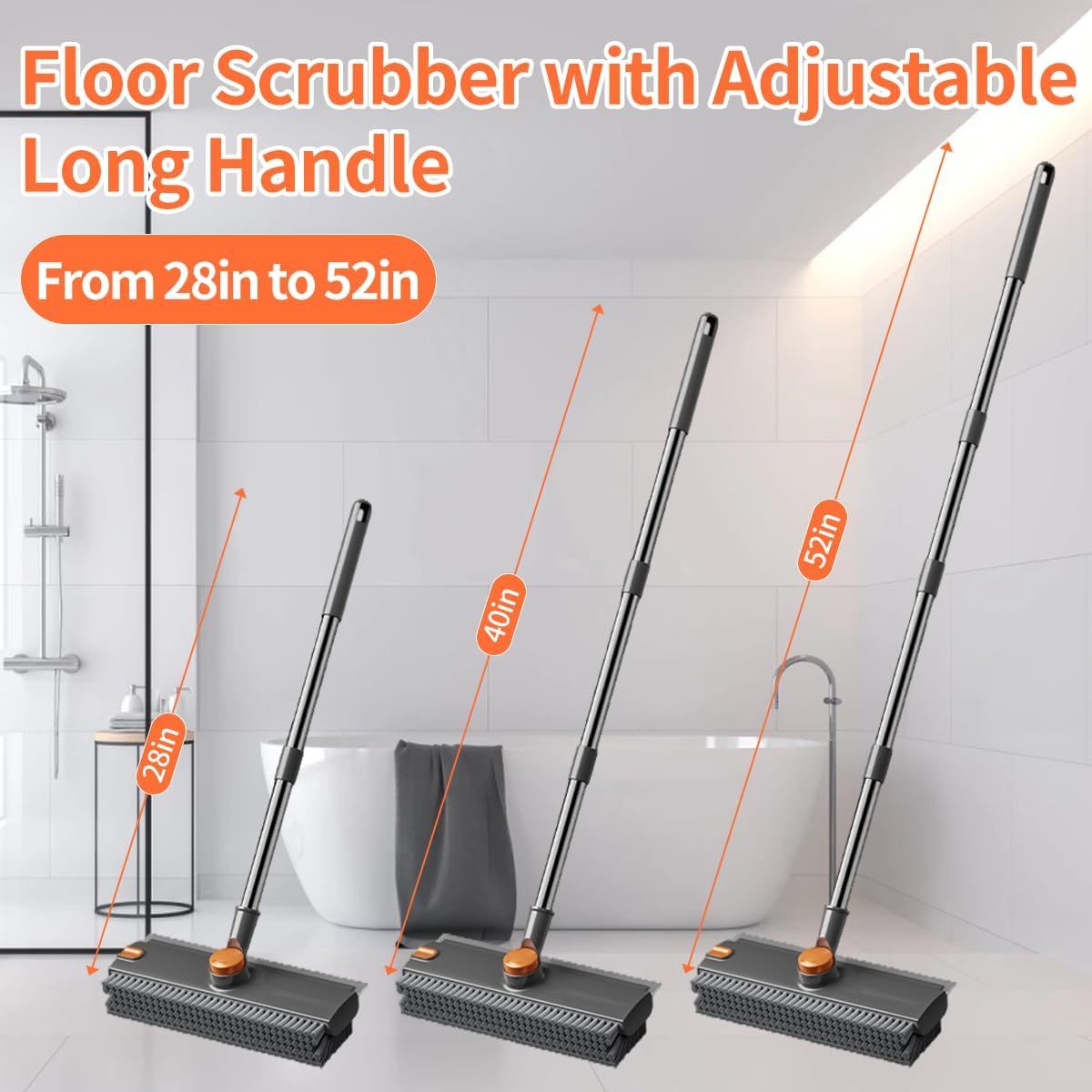 scrub brush with long handle, floor scrub brush squeegee broom for cleaning, 3 in 1 shower scrubber floor broom squeegee for concrete tile wall deck patio grey