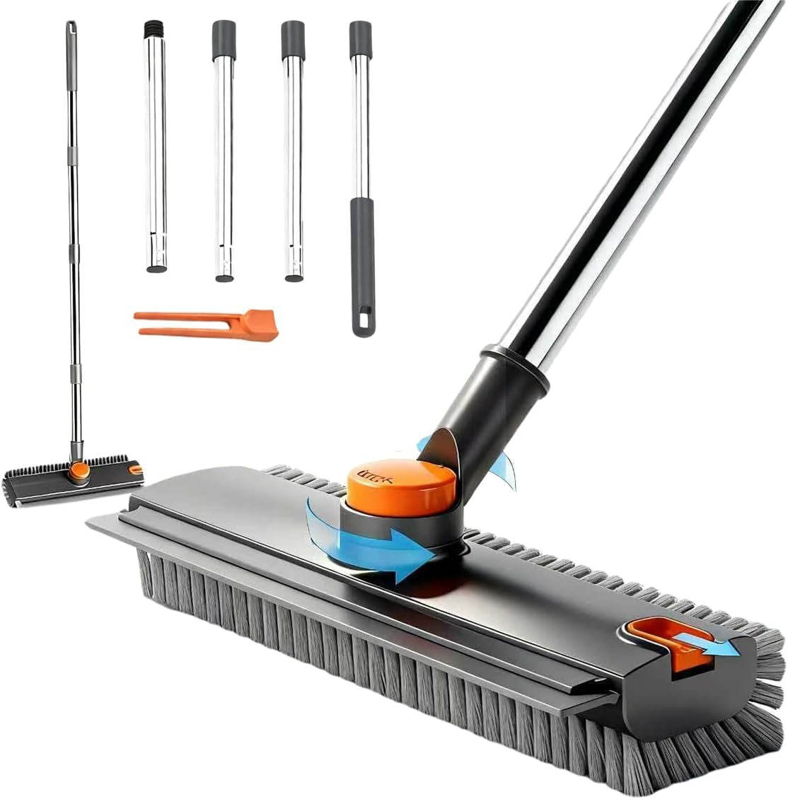 scrub brush with long handle, floor scrub brush squeegee broom for cleaning, 3 in 1 shower scrubber floor broom squeegee for concrete tile wall deck patio grey