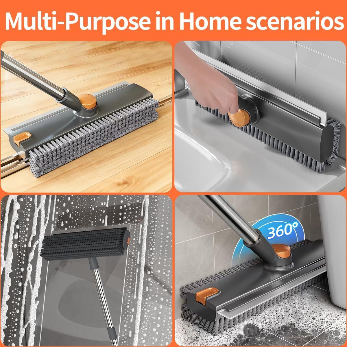 scrub brush with long handle, floor scrub brush squeegee broom for cleaning, 3 in 1 shower scrubber floor broom squeegee for concrete tile wall deck patio grey