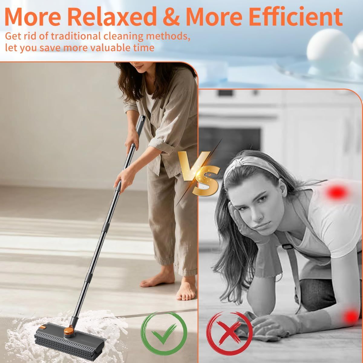 scrub brush with long handle, floor scrub brush squeegee broom for cleaning, 3 in 1 shower scrubber floor broom squeegee for concrete tile wall deck patio grey